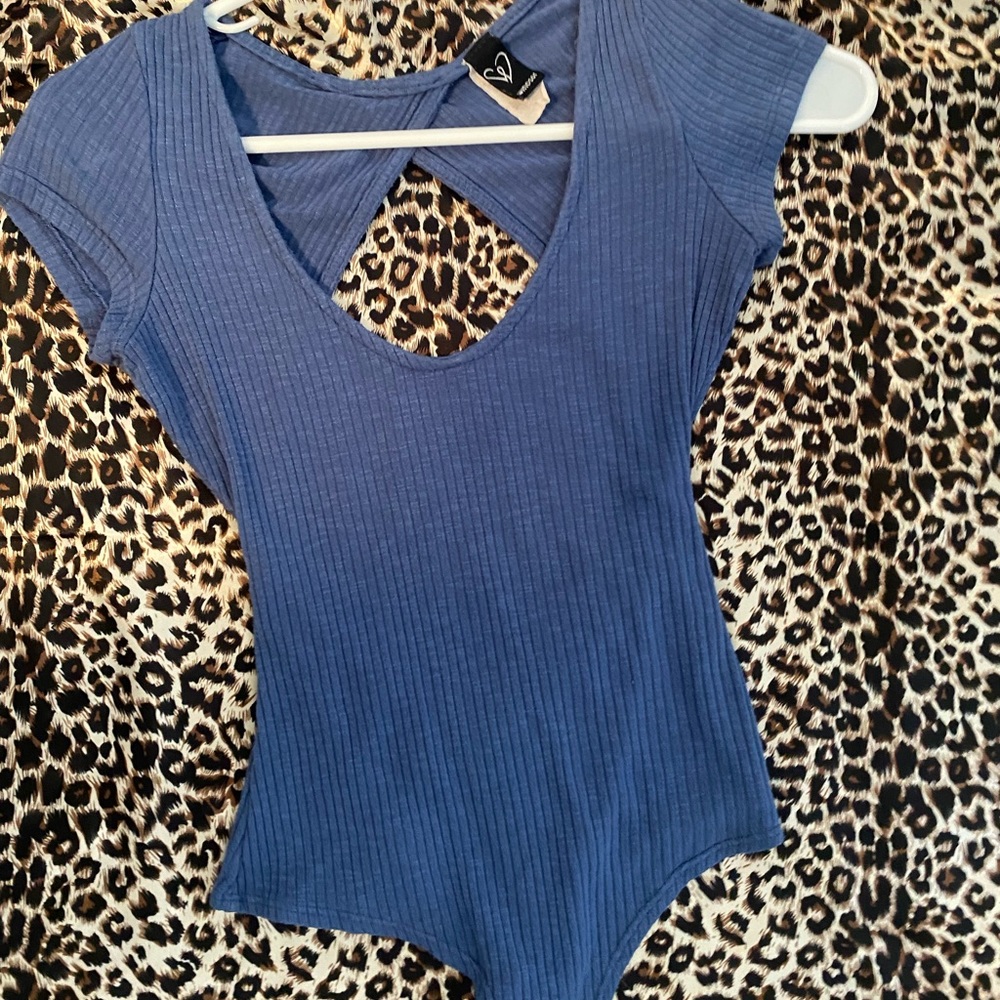 Blue open back bodysuit